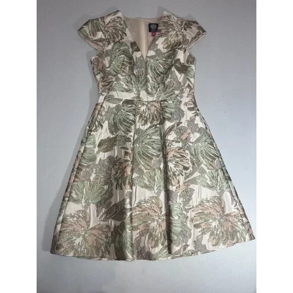 VINCE CAMUTO Women Blush Metallic Jacquard Pleated Cap Fit & Flare Dress 0 - Picture 13 of 16
